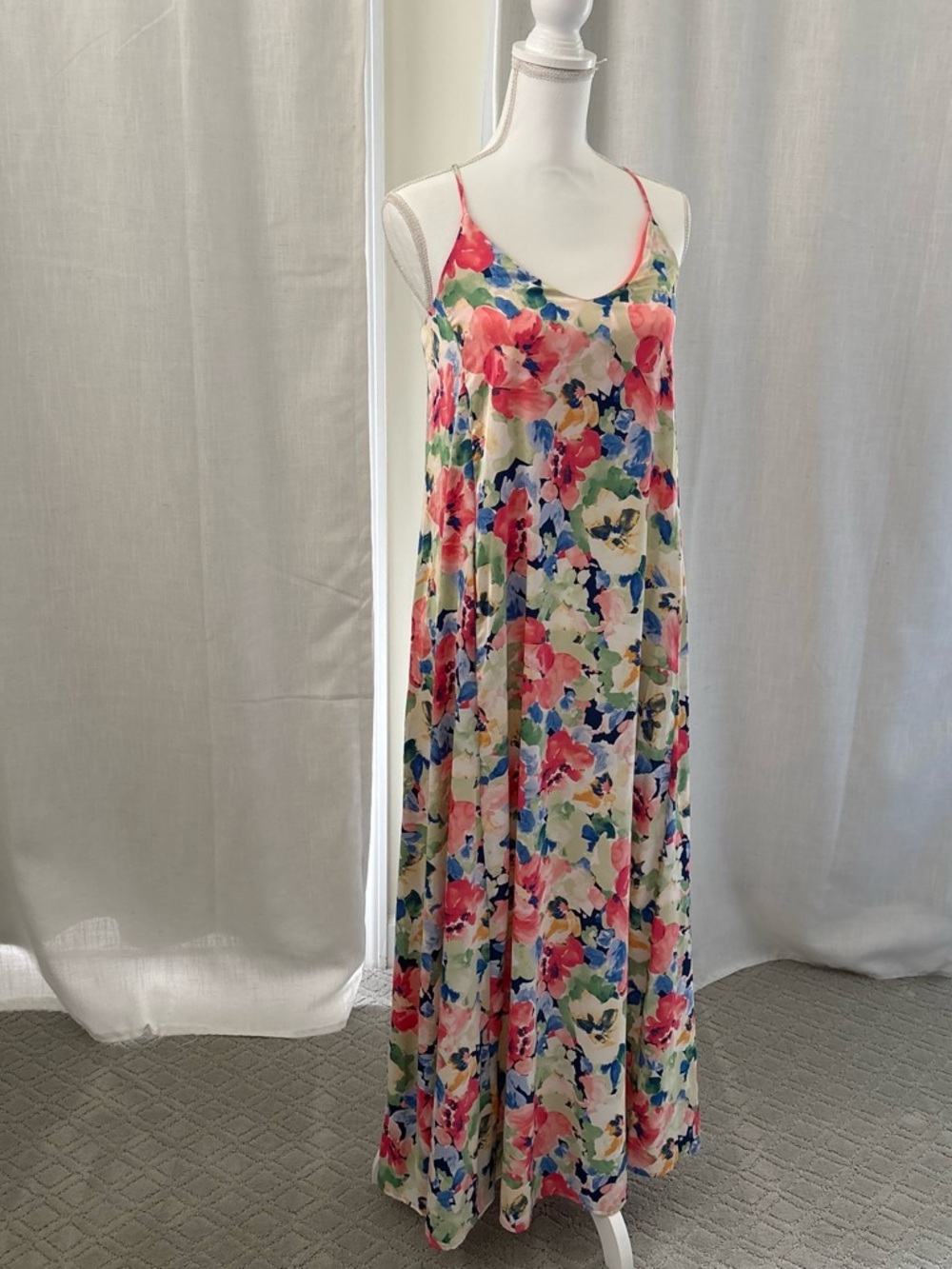 Tahari Coral-Lined Floral Spaghetti Strap Dress